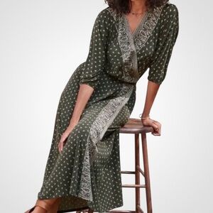 Like New Garnet Hill Wrap Dress Green Floral Batwing Sleeve Maxi Dress Medium